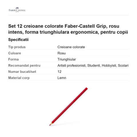 Set 12 creioane colorate Faber-Castell Grip, rosu intens, forma triunghiulara ergonomica, pentru copii [2]
