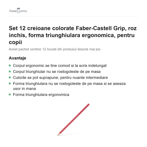 Set 12 creioane colorate Faber-Castell Grip, roz inchis, forma triunghiulara ergonomica, pentru copii [1]
