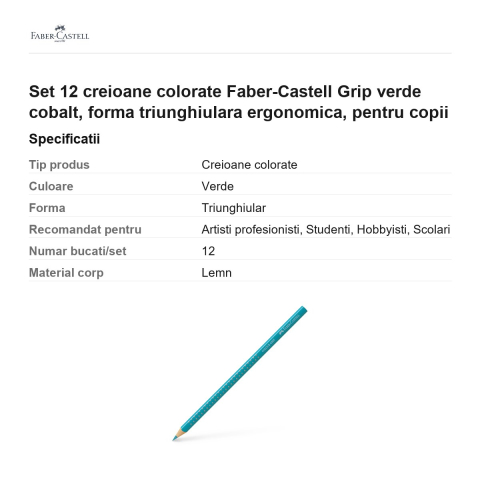 Set 12 creioane colorate Faber-Castell Grip verde cobalt, forma triunghiulara ergonomica, pentru copii [2]