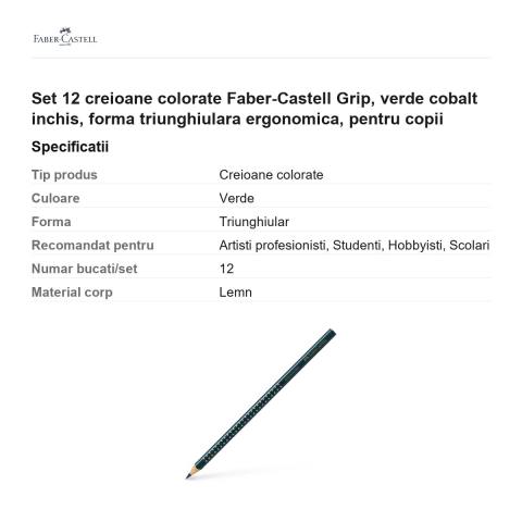 Set 12 creioane colorate Faber-Castell Grip, verde cobalt inchis, forma triunghiulara ergonomica, pentru copii [2]