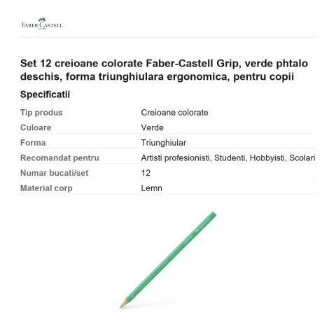 Set 12 creioane colorate Faber-Castell Grip, verde phtalo deschis, forma triunghiulara ergonomica, pentru copii [2]