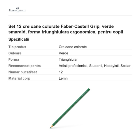 Set 12 creioane colorate Faber-Castell Grip, verde smarald, forma triunghiulara ergonomica, pentru copii [2]
