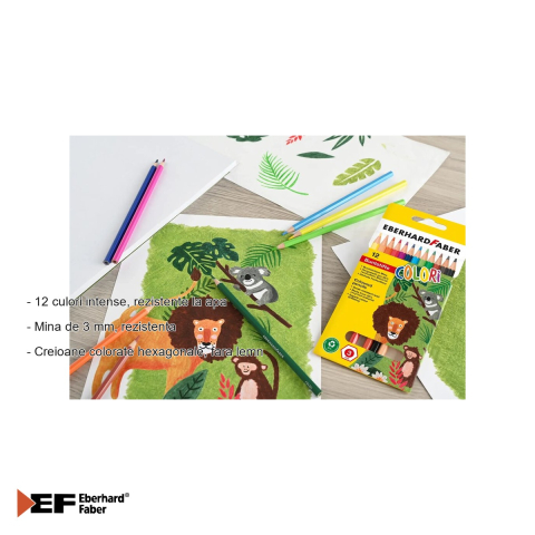 Set 12 creioane colorate fara lemn Eberhard Faber, forma hexagonala, culori intense rezistente la apa [1]
