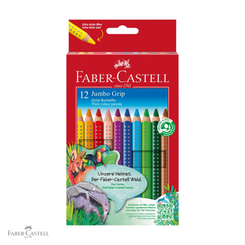Birotica papetarie - Set 12 creioane colorate Jumbo Grip Faber-Castell, forma triunghiulara ergonomica, solubile in apa, pentru copii mici