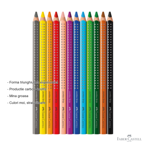 Set 12 creioane colorate Jumbo Grip Faber-Castell, forma triunghiulara ergonomica, solubile in apa, pentru copii mici [1]