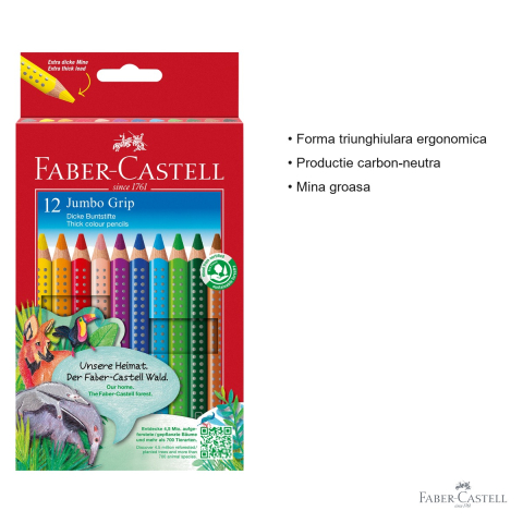 Set 12 creioane colorate Jumbo Grip Faber-Castell, forma triunghiulara ergonomica, solubile in apa, pentru copii mici [2]