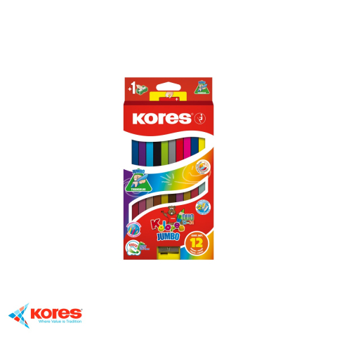 Creioane colorate si carioci - Set 12 creioane colorate Kores Jumbo triunghiulare, mina 5 mm, cu ascutitoare inclusa, pentru copii