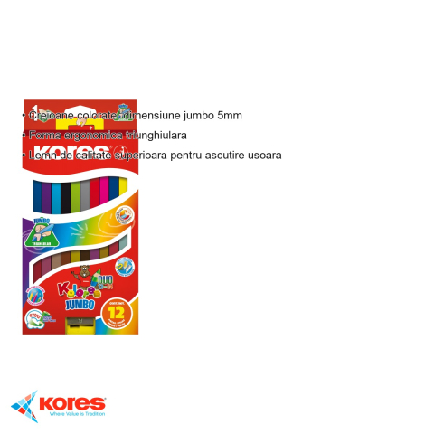 Set 12 creioane colorate Kores Jumbo triunghiulare, mina 5 mm, cu ascutitoare inclusa, pentru copii [2]