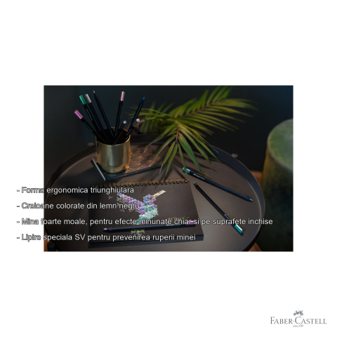 Set 12 creioane colorate metalizate Faber-Castell Black Edition, mina moale, forma triunghiulara ergonomica [1]