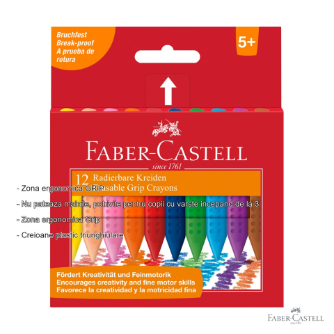 Set 12 creioane colorate plastic Faber-Castell Grip, forma triunghiulara ergonomica, pentru copii de la 3 ani [1]