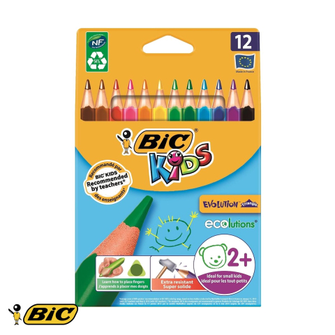 Birotica papetarie - Set 12 creioane colorate triunghiulare Bic Evolution, mina 4.3 mm, rezistente, pentru copii
