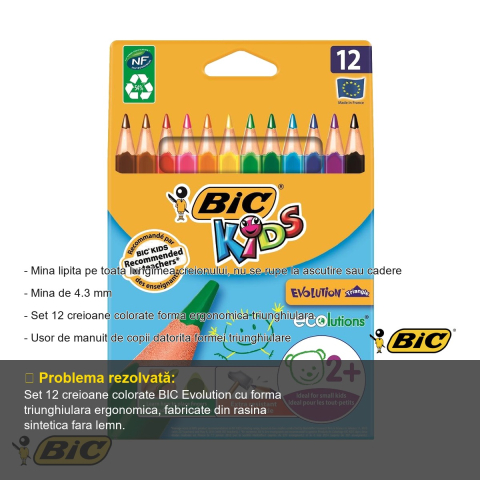 Set 12 creioane colorate triunghiulare Bic Evolution, mina 4.3 mm, rezistente, pentru copii [1]
