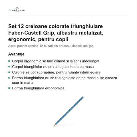 Set 12 creioane colorate triunghiulare Faber-Castell Grip, albastru metalizat, ergonomic, pentru copii [1]
