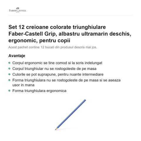 Set 12 creioane colorate triunghiulare Faber-Castell Grip, albastru ultramarin deschis, ergonomic, pentru copii [1]