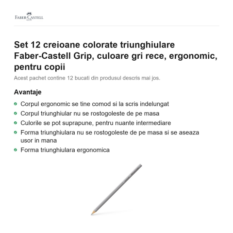 Set 12 creioane colorate triunghiulare Faber-Castell Grip, culoare gri rece, ergonomic, pentru copii [1]
