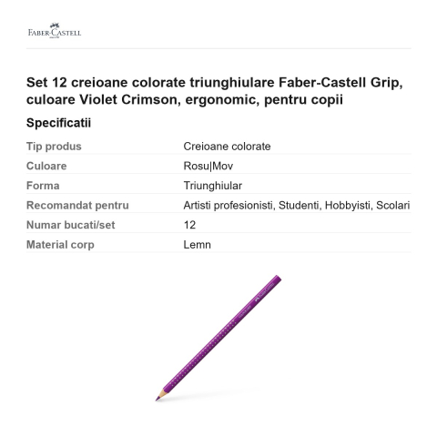 Set 12 creioane colorate triunghiulare Faber-Castell Grip, culoare Violet Crimson, ergonomic, pentru copii [2]