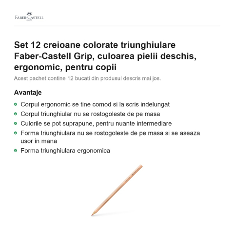 Set 12 creioane colorate triunghiulare Faber-Castell Grip, culoarea pielii deschis, ergonomic, pentru copii [1]