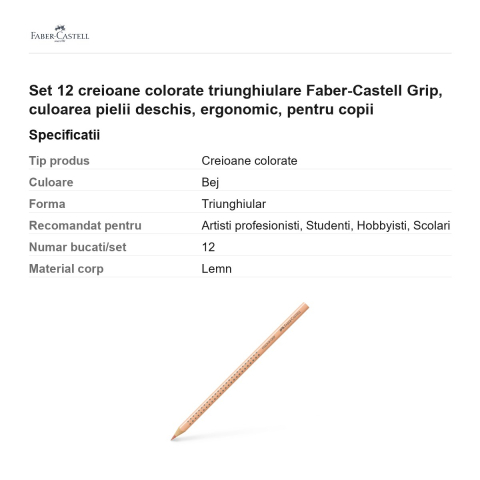 Set 12 creioane colorate triunghiulare Faber-Castell Grip, culoarea pielii deschis, ergonomic, pentru copii [2]