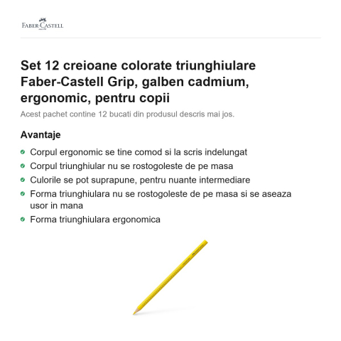 Set 12 creioane colorate triunghiulare Faber-Castell Grip, galben cadmium, ergonomic, pentru copii [1]