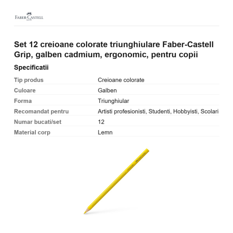 Set 12 creioane colorate triunghiulare Faber-Castell Grip, galben cadmium, ergonomic, pentru copii [2]