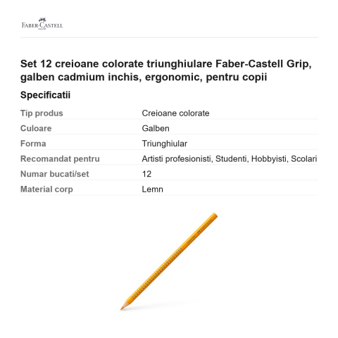 Set 12 creioane colorate triunghiulare Faber-Castell Grip, galben cadmium inchis, ergonomic, pentru copii [2]