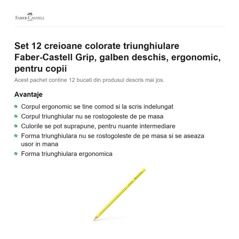 Set 12 creioane colorate triunghiulare Faber-Castell Grip, galben deschis, ergonomic, pentru copii [1]