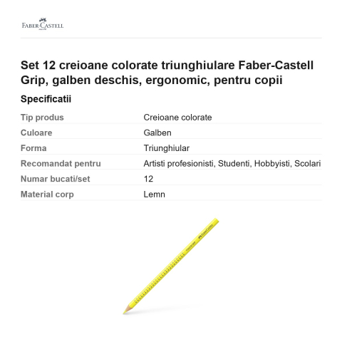 Set 12 creioane colorate triunghiulare Faber-Castell Grip, galben deschis, ergonomic, pentru copii [2]
