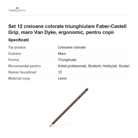 Set 12 creioane colorate triunghiulare Faber-Castell Grip, maro Van Dyke, ergonomic, pentru copii [2]