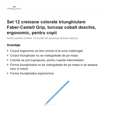 Set 12 creioane colorate triunghiulare Faber-Castell Grip, turcoaz cobalt deschis, ergonomic, pentru copii [1]