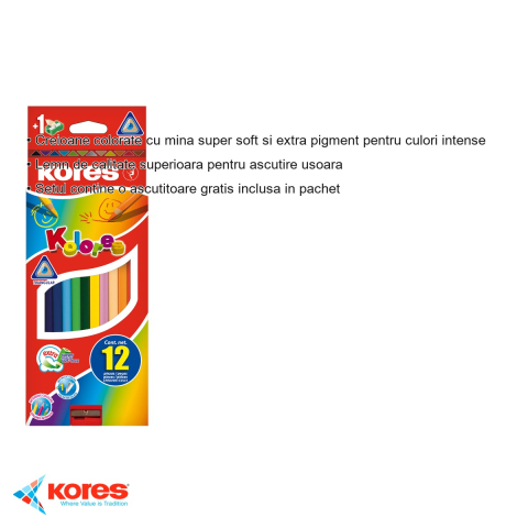 Set 12 creioane colorate triunghiulare Kores, mina super moale cu pigment intens, cu ascutitoare inclusa, pentru copii si scoala [2]