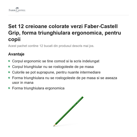 Set 12 creioane colorate verzi Faber-Castell Grip, forma triunghiulara ergonomica, pentru copii [1]