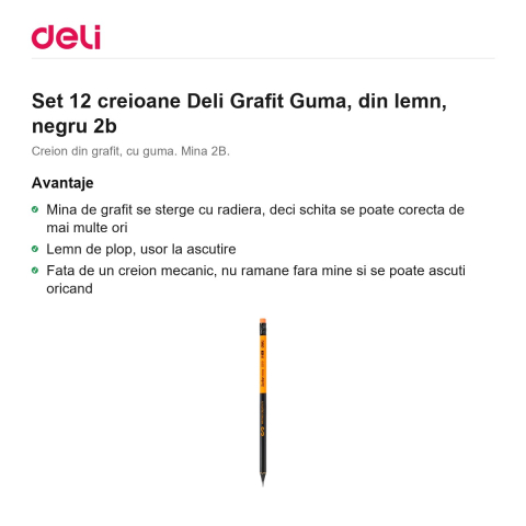 Set 12 creioane Deli Grafit Guma, din lemn, negru 2b [1]