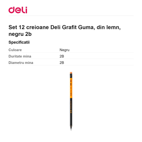 Set 12 creioane Deli Grafit Guma, din lemn, negru 2b [2]