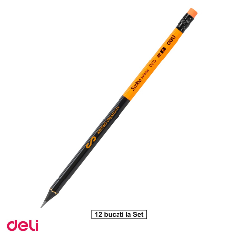 Creioane grafit - Set 12 creioane Deli Grafit Guma, din lemn, negru 2b