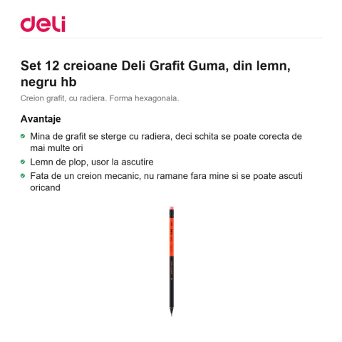 Set 12 creioane Deli Grafit Guma, din lemn, negru hb [1]