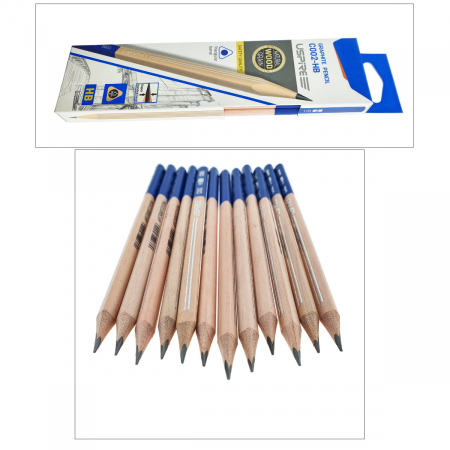 Set 12 creioane din lemn, cu mina HB de 2.2mm din grafit, model USPIRE C002-HB, lungime 17.5cm, forma triunghiulara cu un capat albastru, in cutie [3]