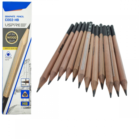 Creioane - Set 12 creioane din lemn, cu mina HB de 2.2mm din grafit, model USPIRE C002-HB, lungime 17.5cm, forma triunghiulara cu un capat negru, in cutie
