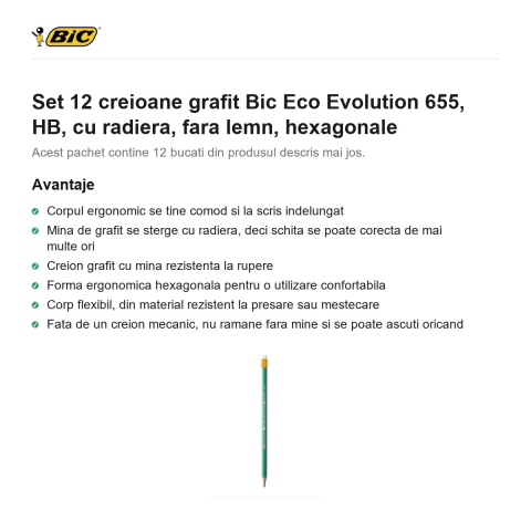 Set 12 creioane grafit Bic Eco Evolution 655, HB, cu radiera, fara lemn, hexagonale [1]