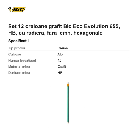 Set 12 creioane grafit Bic Eco Evolution 655, HB, cu radiera, fara lemn, hexagonale [2]