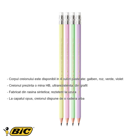Set 12 creioane grafit Bic Eco Evolution Pastel HB cu radiera, corp hexagonal, culori pastelate [1]