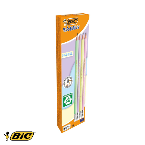 Birotica papetarie - Set 12 creioane grafit Bic Eco Evolution Pastel HB cu radiera, corp hexagonal, culori pastelate
