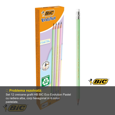 Set 12 creioane grafit Bic Eco Evolution Pastel HB cu radiera, corp hexagonal, culori pastelate [3]