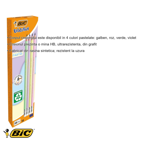 Set 12 creioane grafit Bic Eco Evolution Pastel HB cu radiera, corp hexagonal, culori pastelate [2]