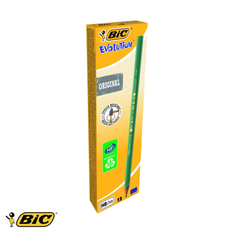 Birotica papetarie - Set 12 creioane grafit Bic Evolution 650 HB, fara guma, corp flexibil hexagonal, pentru scris si desen