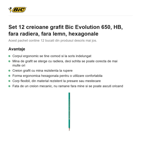 Set 12 creioane grafit Bic Evolution 650, HB, fara radiera, fara lemn, hexagonale [1]