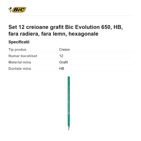 Set 12 creioane grafit Bic Evolution 650, HB, fara radiera, fara lemn, hexagonale [2]