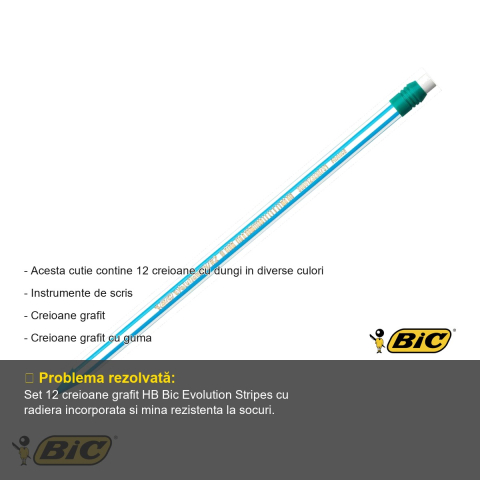 Set 12 creioane grafit Bic Evolution Stripes HB cu radiera, dungi colorate, pentru scris si desenat [1]