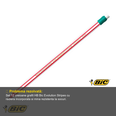 Set 12 creioane grafit Bic Evolution Stripes HB cu radiera, dungi colorate, pentru scris si desenat [3]