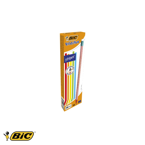 Birotica papetarie - Set 12 creioane grafit Bic Evolution Stripes HB cu radiera, dungi colorate, pentru scris si desenat