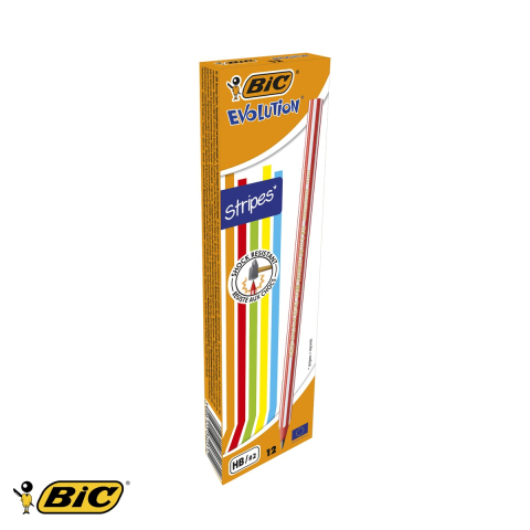 Creioane si ascutitori - Set 12 creioane grafit Bic Evolution Stripes HB, mina ultra rezistenta, fara guma